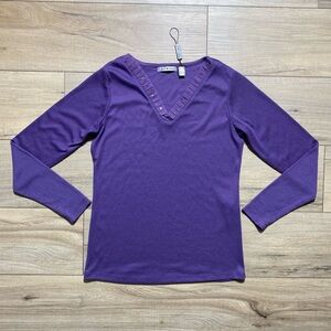 Punt Roma Womens Long‎ Sleeve V-Neck Top Size Small Purple Rhinestone Accents